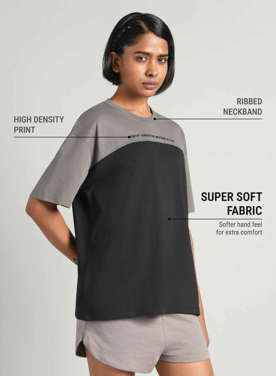 Women's Black Offbeat Colorblock Oversized Fit T-shirt