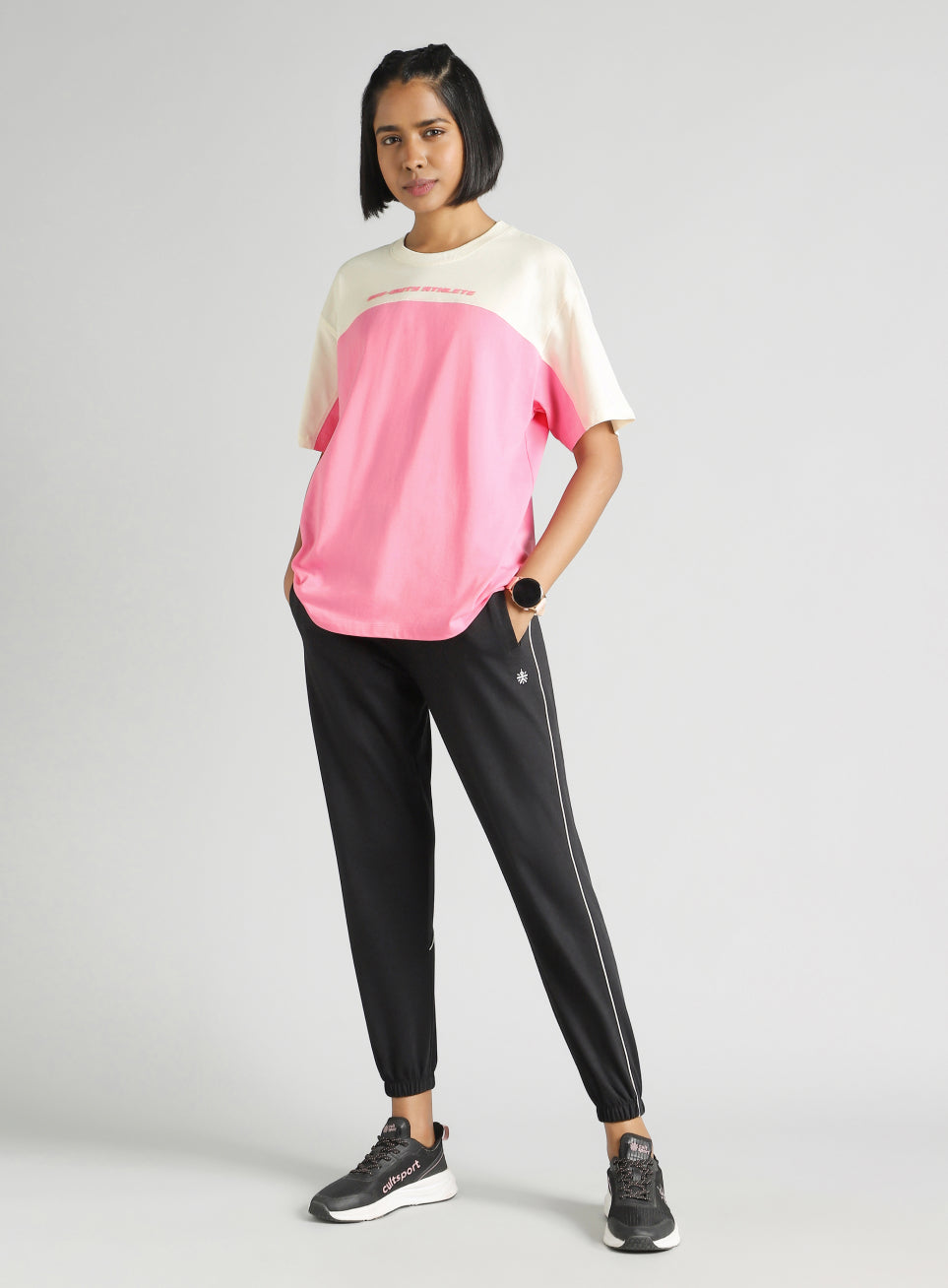 Women's Pink Offbeat Colorblock Oversized Fit T-Shirt