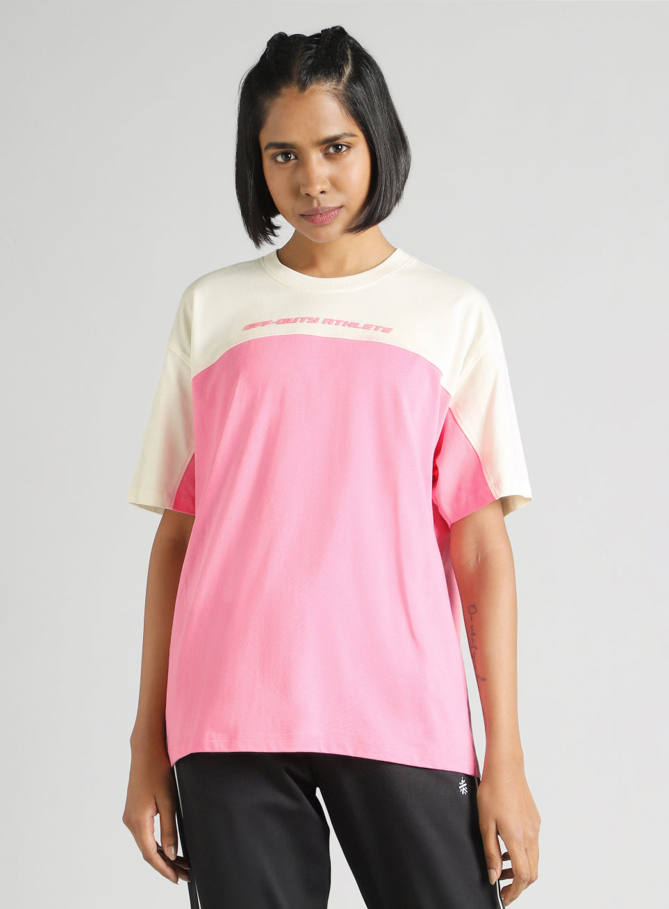 Women's Pink Offbeat Colorblock Oversized Fit T-Shirt