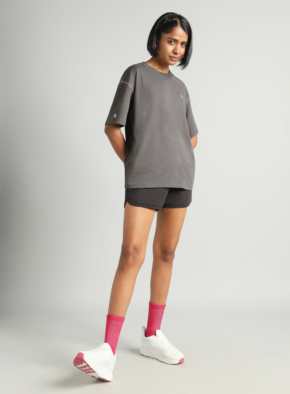 Women's Dark Grey Mini Graphic Oversized Fit T-shirt