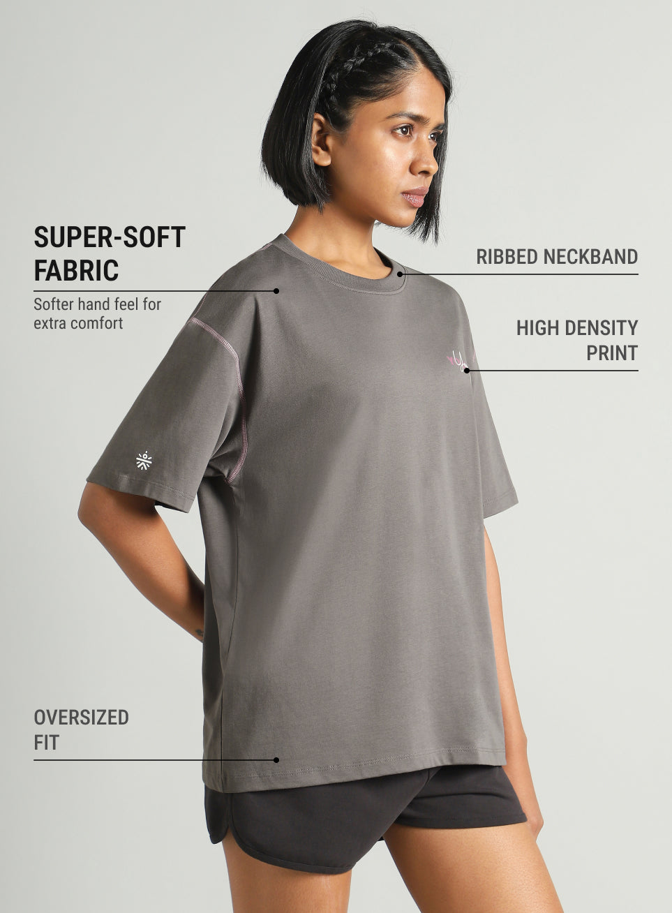 Women's Dark Grey Mini Graphic Oversized Fit T-shirt