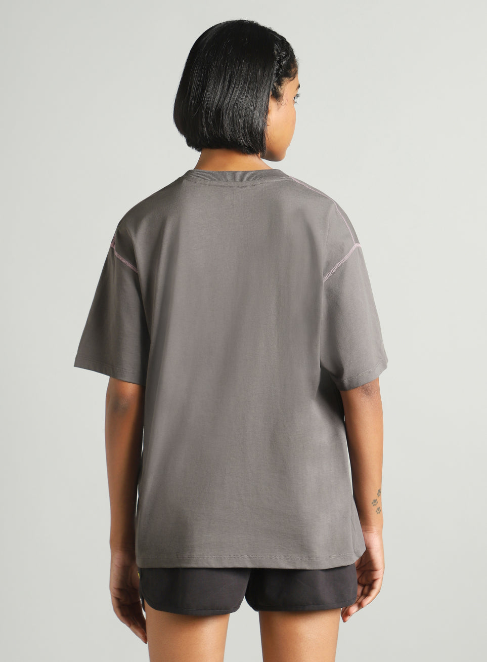 Women's Dark Grey Mini Graphic Oversized Fit T-shirt