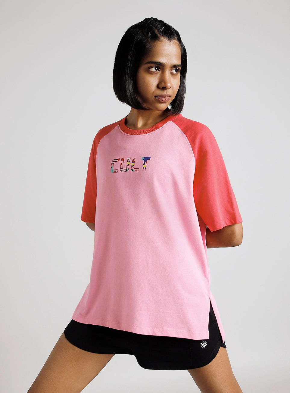 Women's Pink Retro Block Graphic Oversized T-shirt