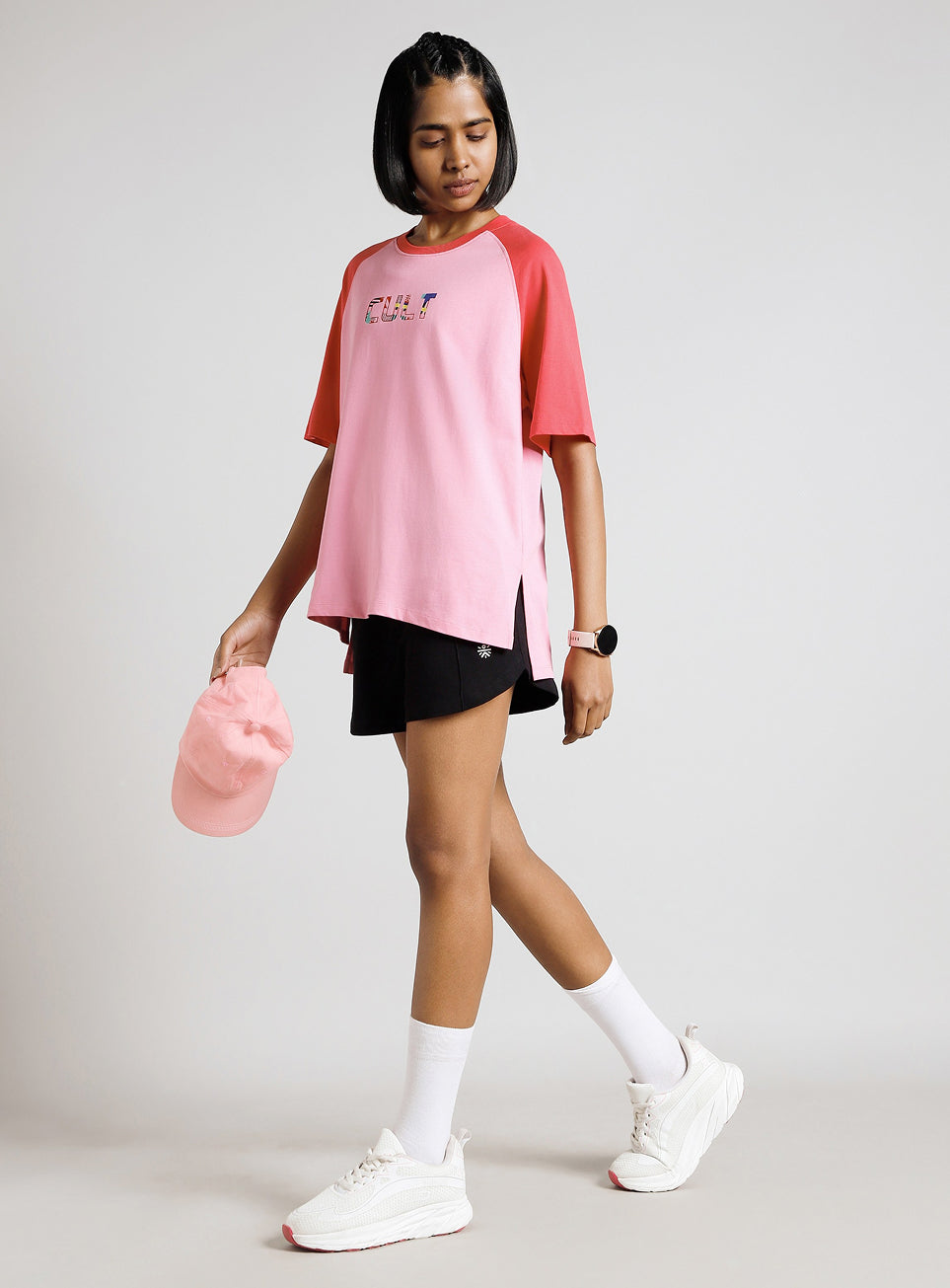 Women's Pink Retro Block Graphic Oversized T-shirt