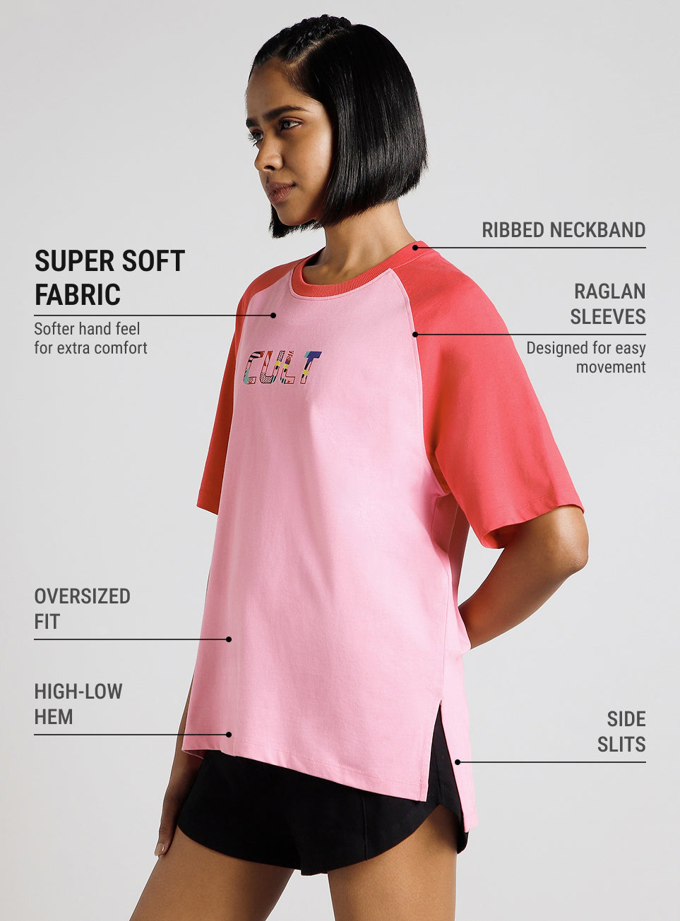 Women's Pink Retro Block Graphic Oversized T-shirt