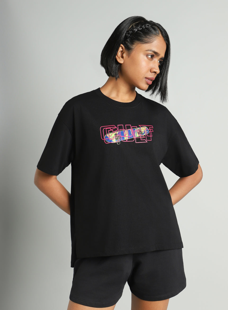 Women's Black Skate Graphic Oversized Fit T-shirt