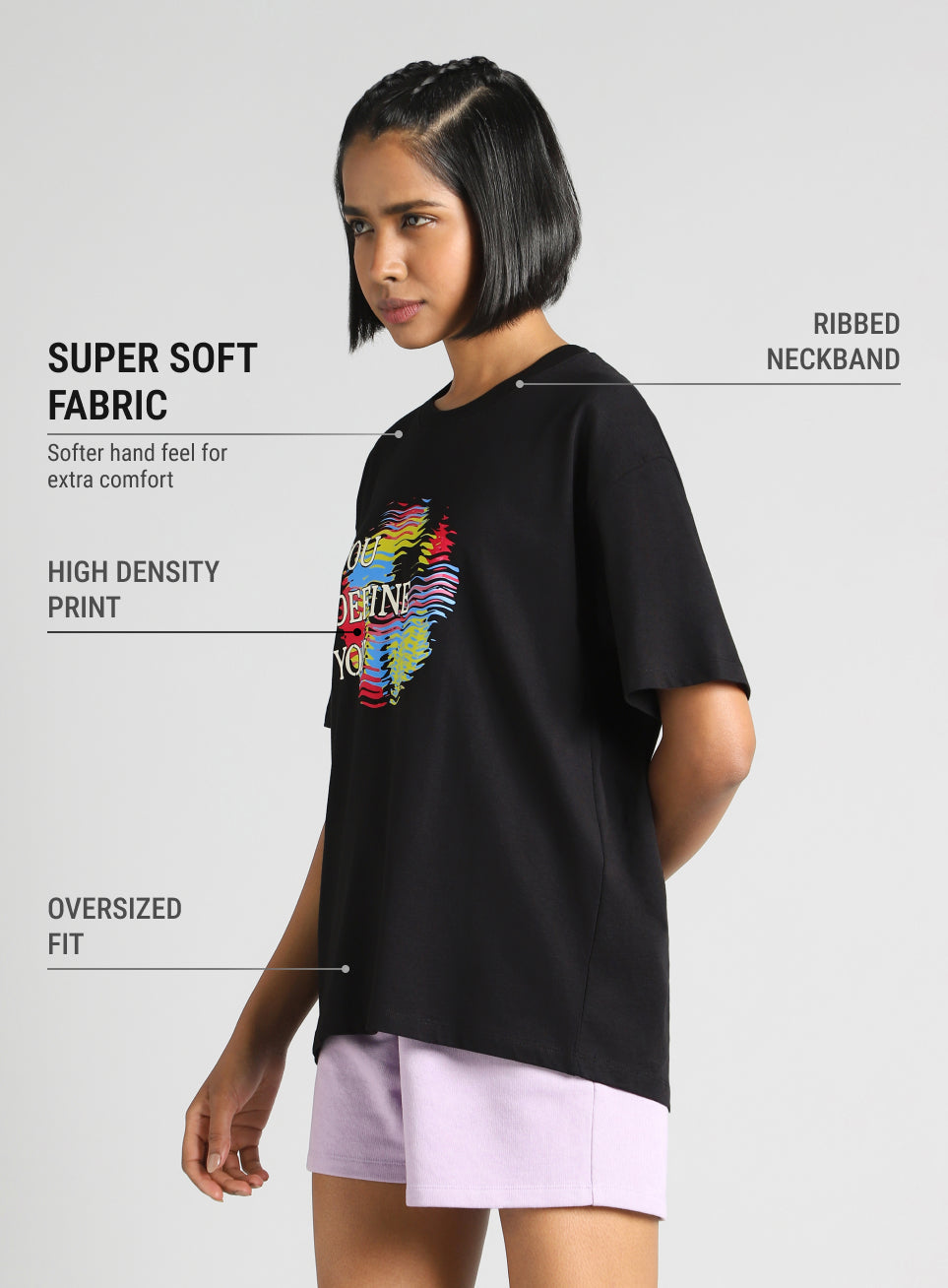 Women's Black Graphic Oversized Fit T-Shirt