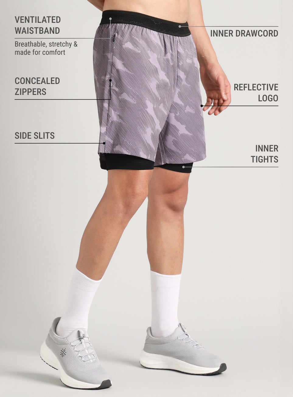 Men's Grey Urban Camo Shorts with Inbuilt Tights