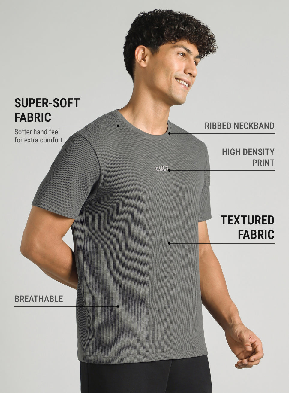 Men's Dark Grey Essential Oversized Fit Waffle T-shirt