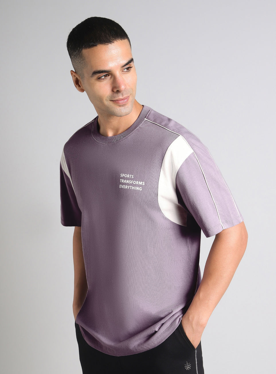 Men's Purple Colorblock Sporty Oversized Fit T-shirt