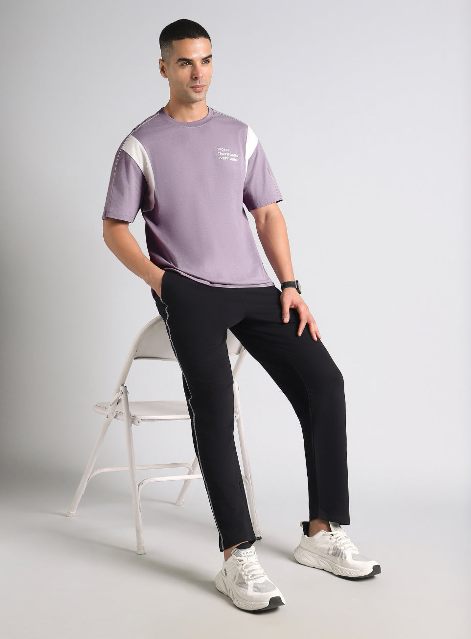 Men's Purple Colorblock Sporty Oversized Fit T-shirt