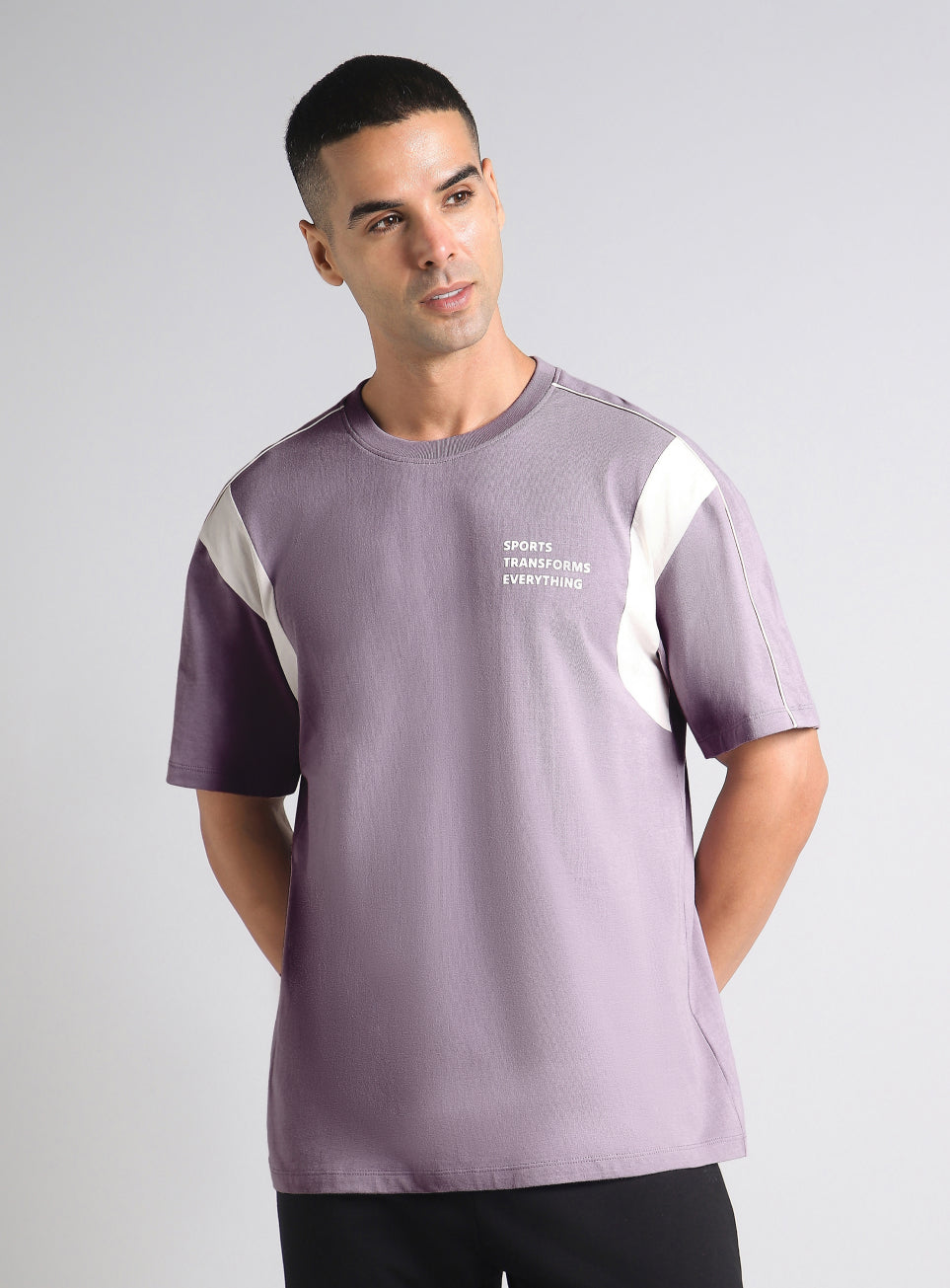 Men's Purple Colorblock Sporty Oversized Fit T-shirt