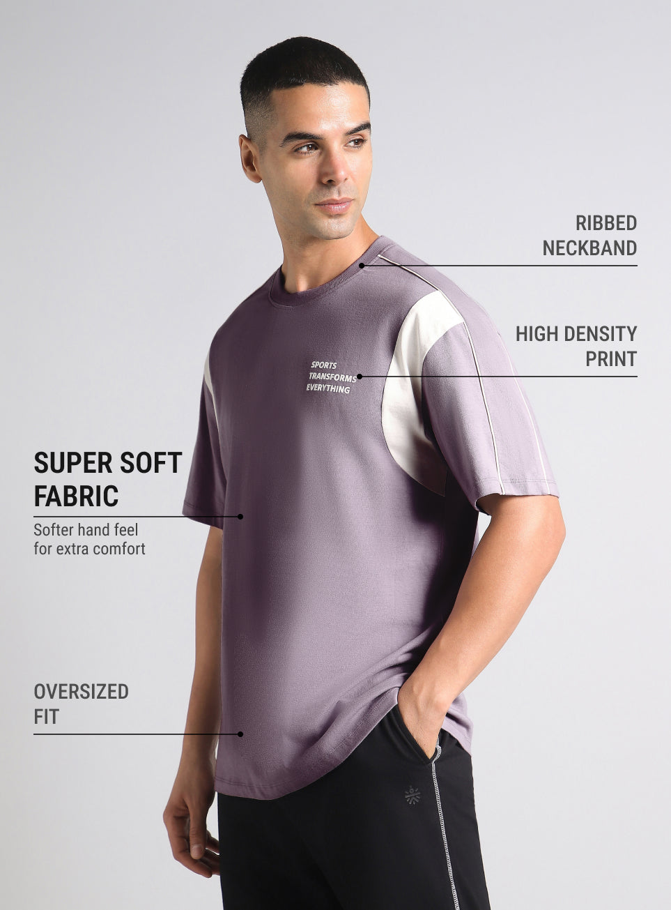 Men's Purple Colorblock Sporty Oversized Fit T-shirt
