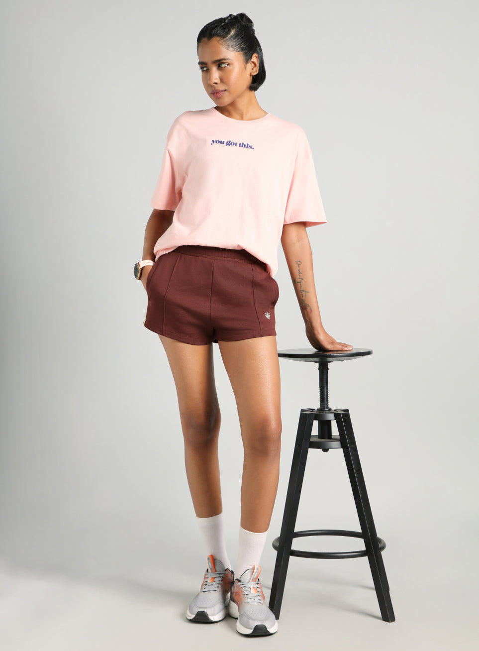 Women's Brown Contrast Power Tape Shorts
