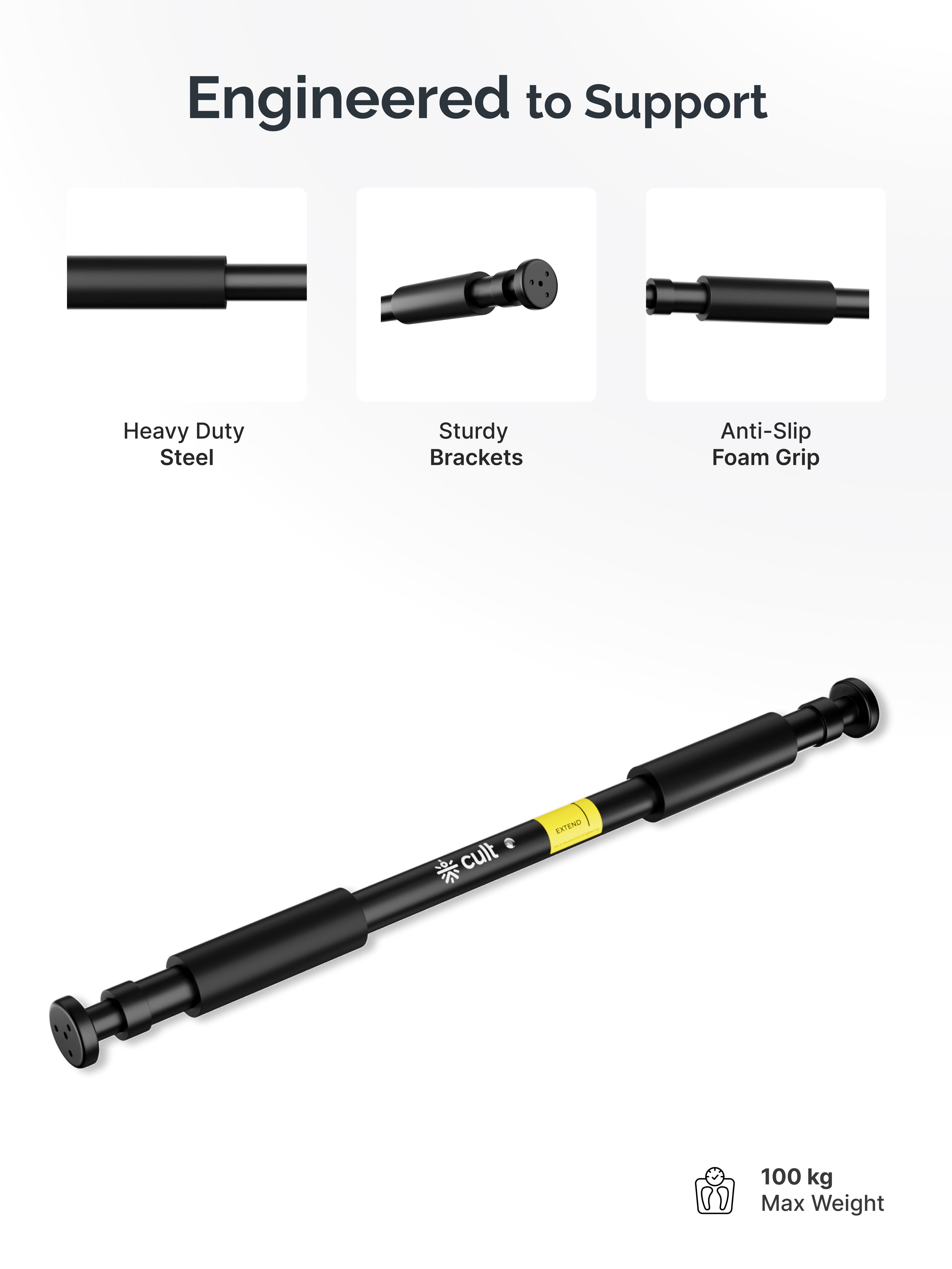 Cult Adjustable Pull-Up Bar for Doorway | Heavy-Duty Steel | Multi-Grip Home Gym Bar for Pull Ups, Chin Ups & Core Workout | Size - 60-100 cm