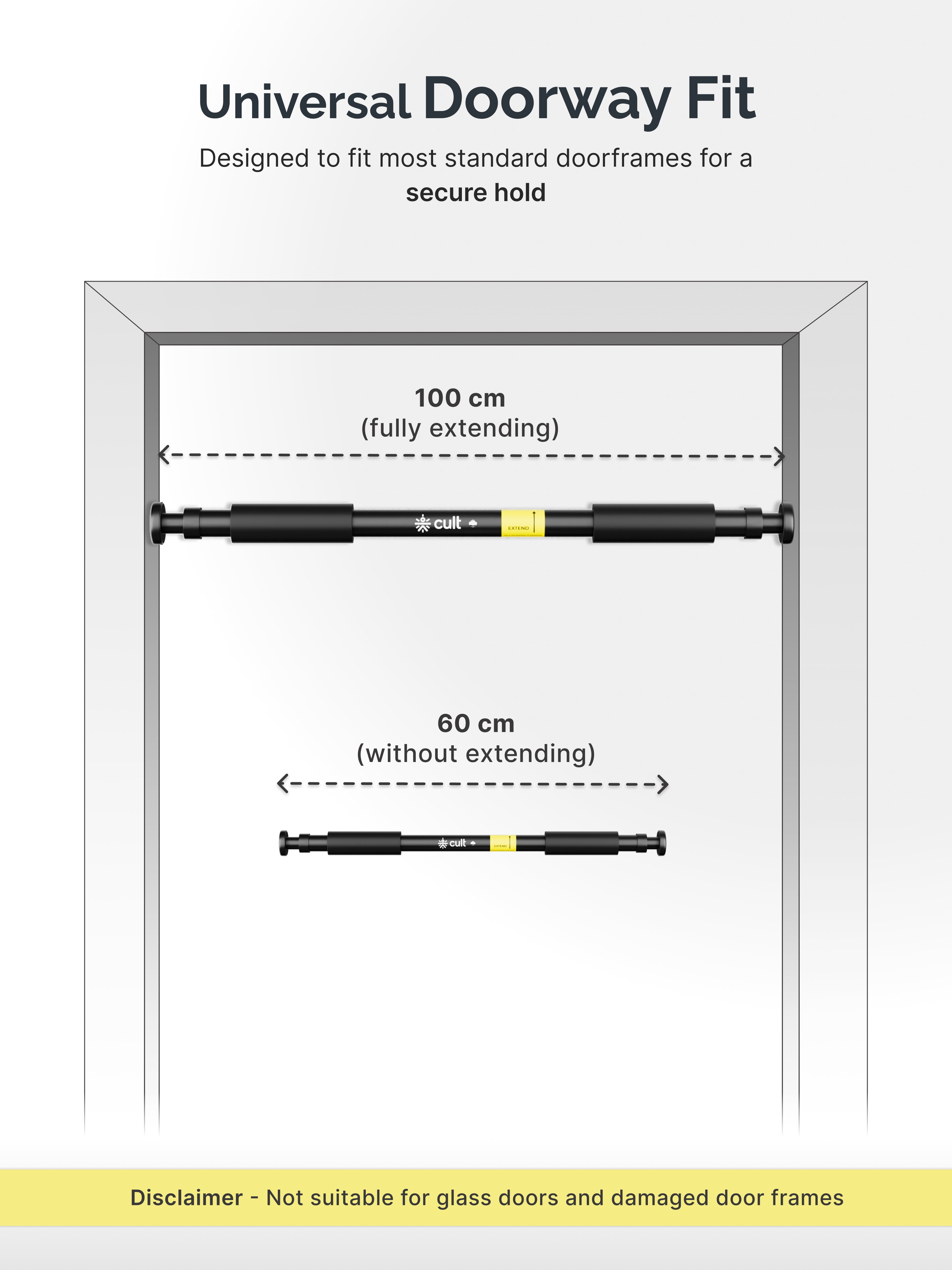 Cult Adjustable Pull-Up Bar for Doorway | Heavy-Duty Steel | Multi-Grip Home Gym Bar for Pull Ups, Chin Ups & Core Workout | Size - 60-100 cm