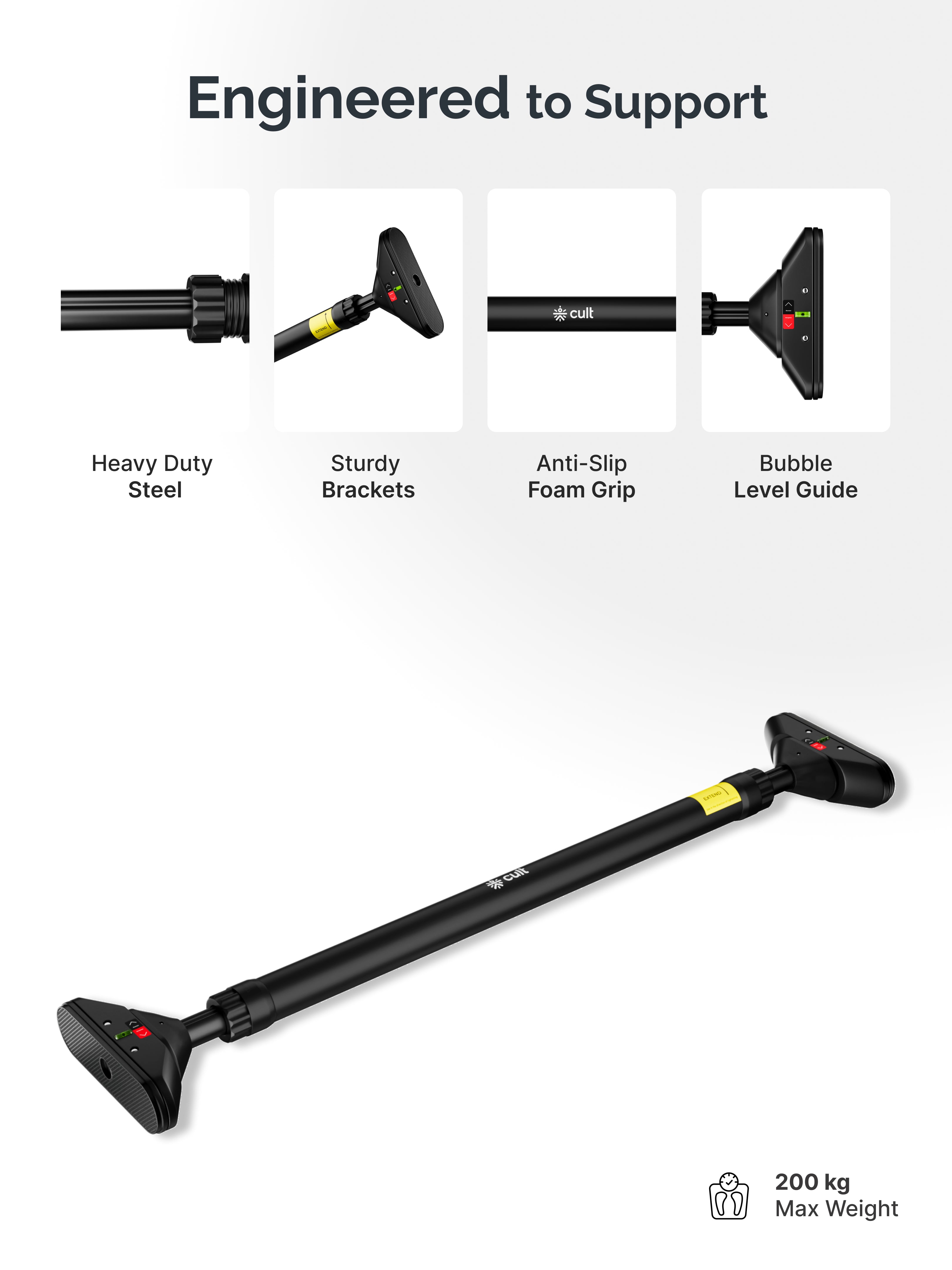 Cult Adjustable Pull-Up Bar for Doorway | Heavy-Duty Steel | Multi-Grip Home Gym Bar for Pull Ups, Chin Ups & Core Workout | Size -  72-110cm