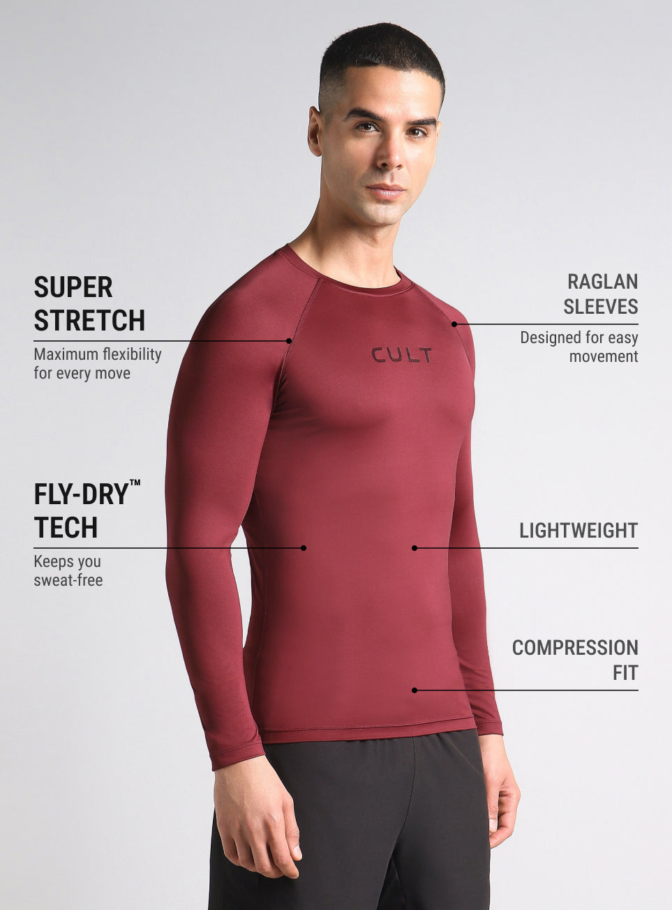 Men's Maroon Power Compression Full Sleeve T-shirt