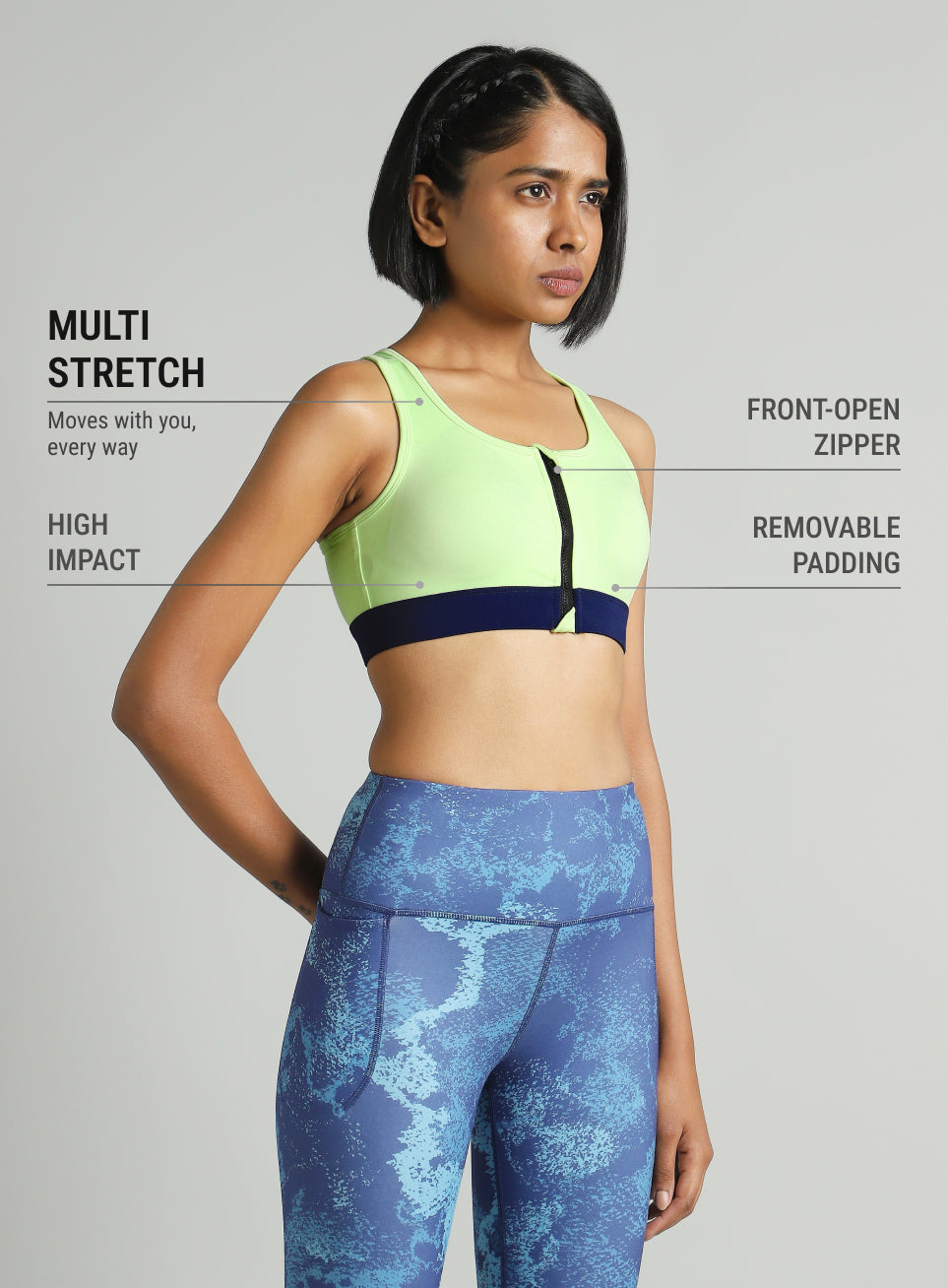Women's Green Front Zip High Support Training Bra
