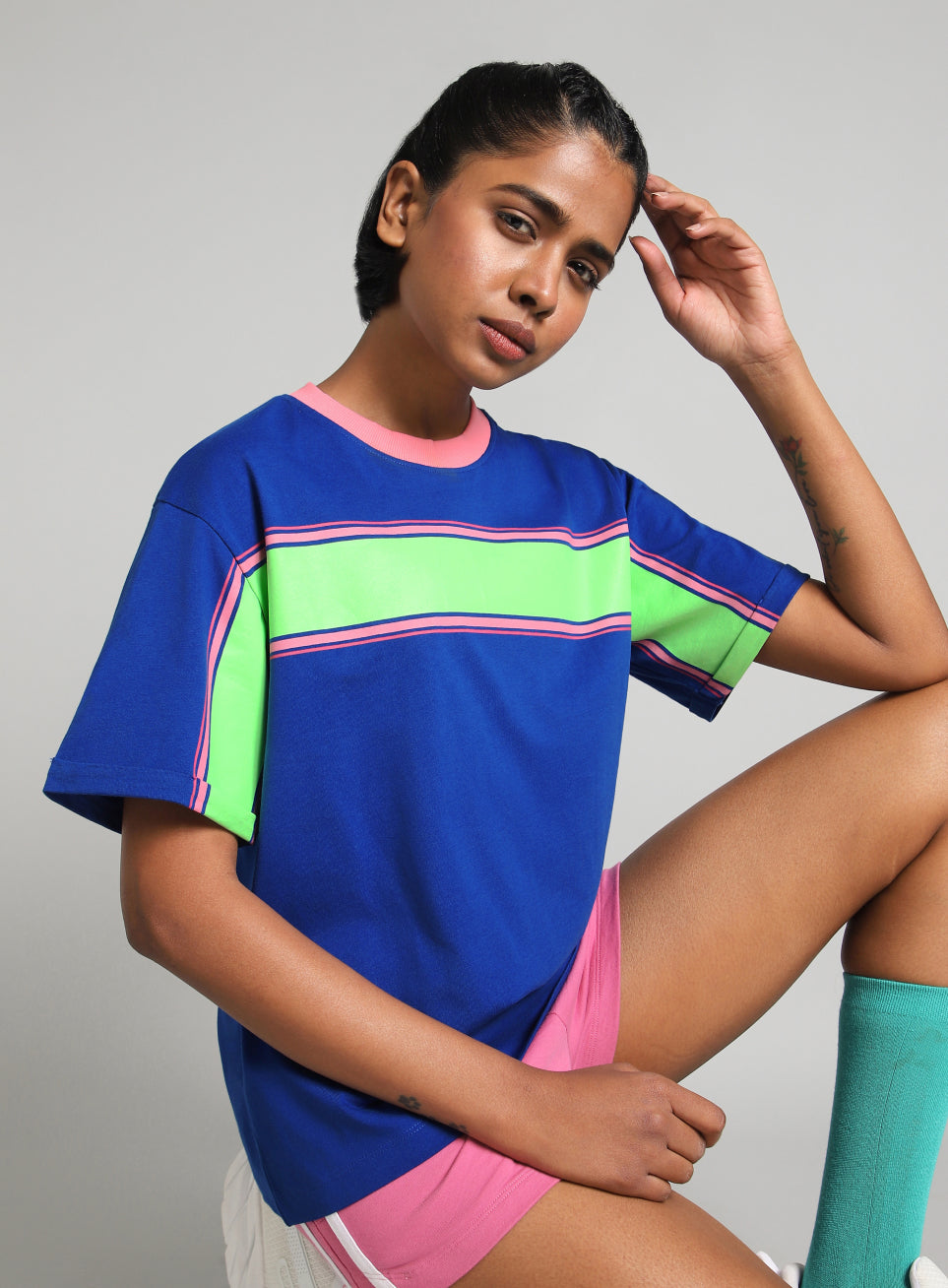 Women's Blue Pop Block Playful Relaxed Fit T-shirt