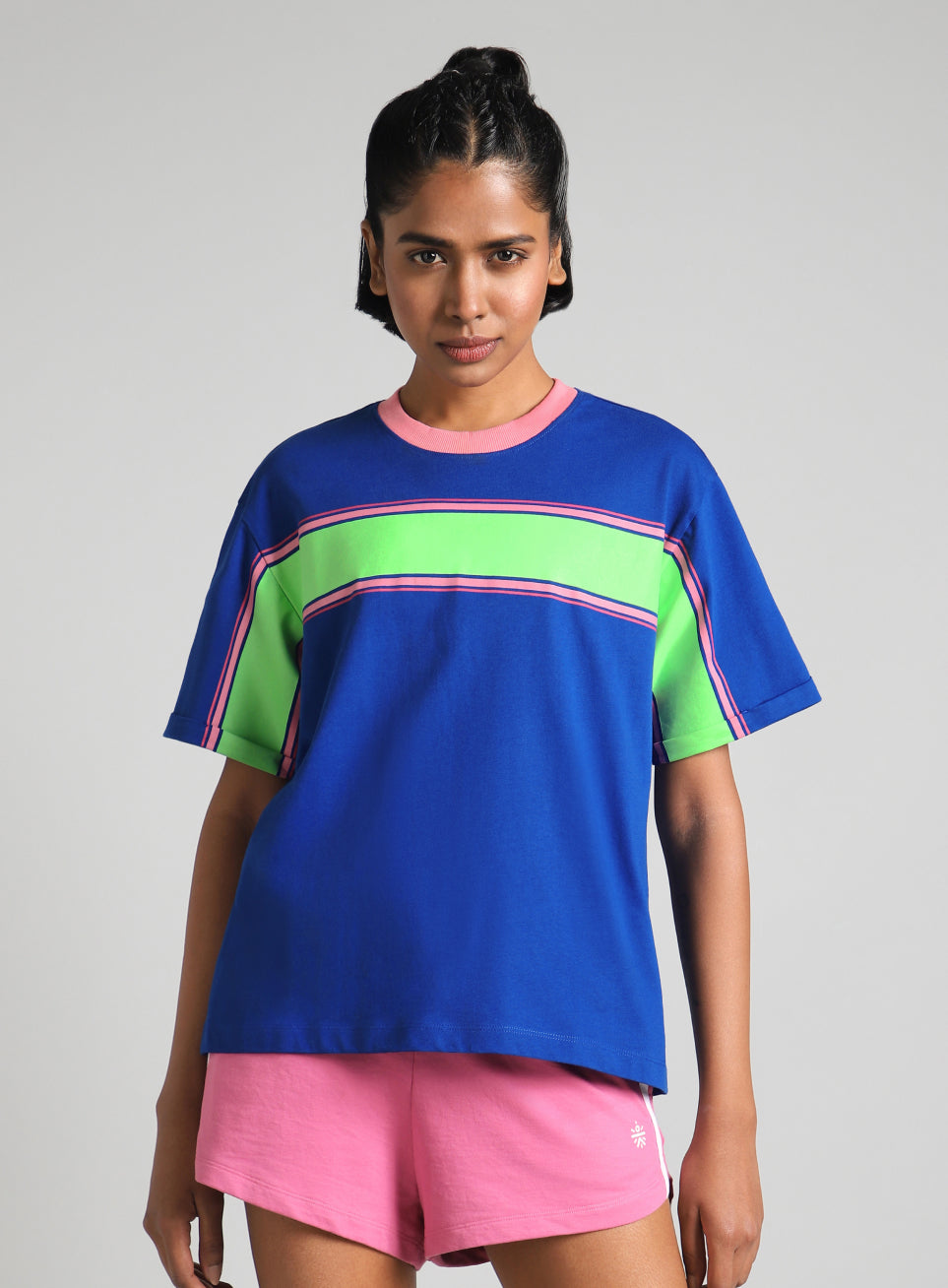 Women's Blue Pop Block Playful Relaxed Fit T-shirt