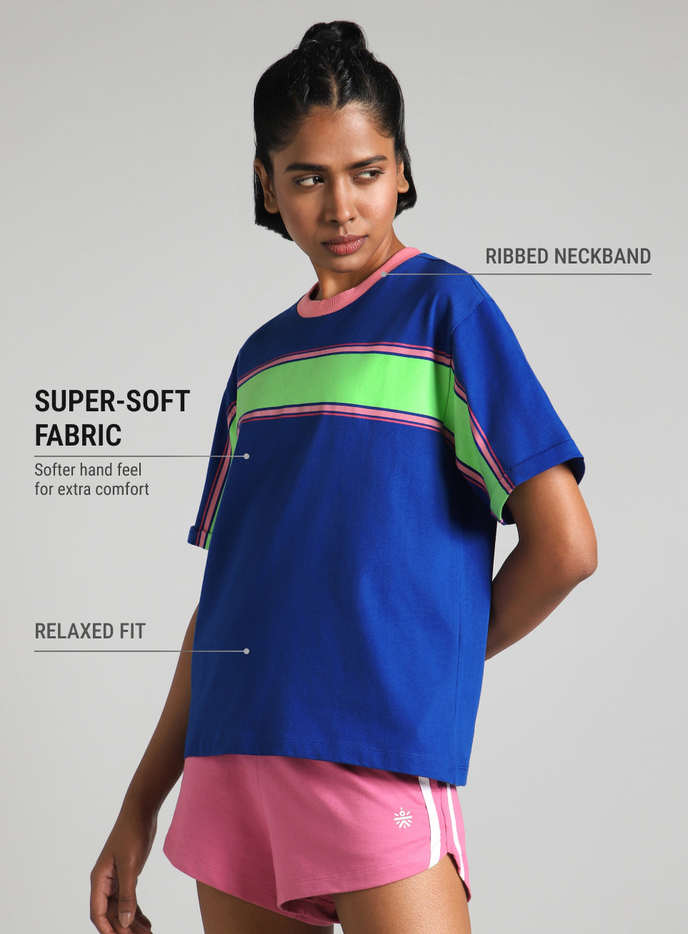 Women's Blue Pop Block Playful Relaxed Fit T-shirt
