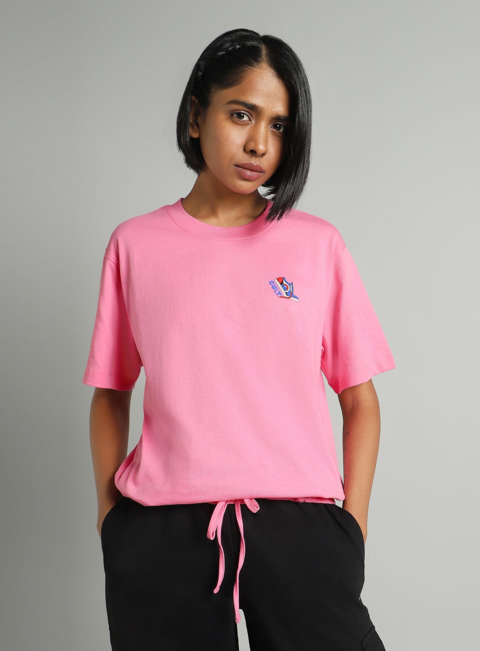 Women's Pink Tie Up Relaxed Fit T-shirt