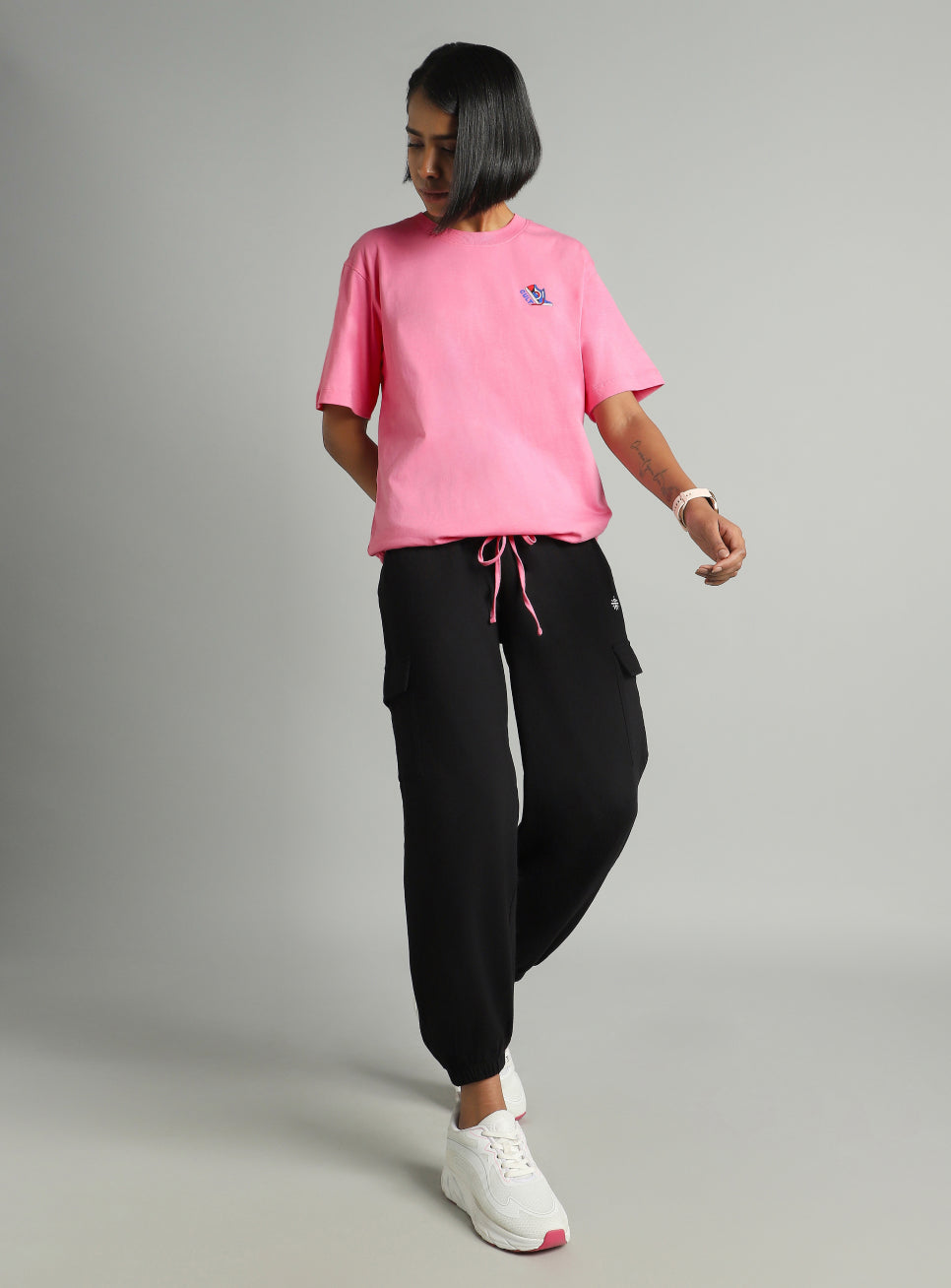 Women's Pink Tie Up Relaxed Fit T-shirt