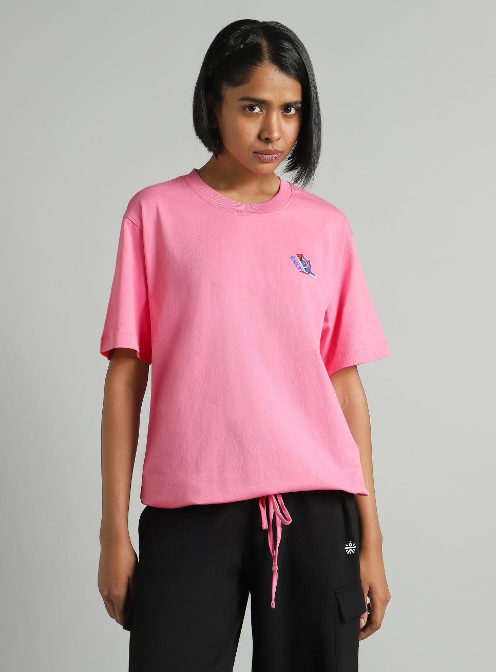 Women's Pink Tie Up Relaxed Fit T-shirt