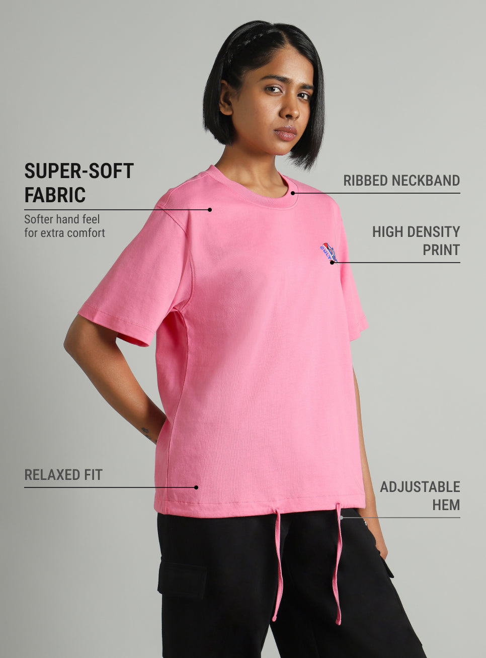 Women's Pink Tie Up Relaxed Fit T-shirt