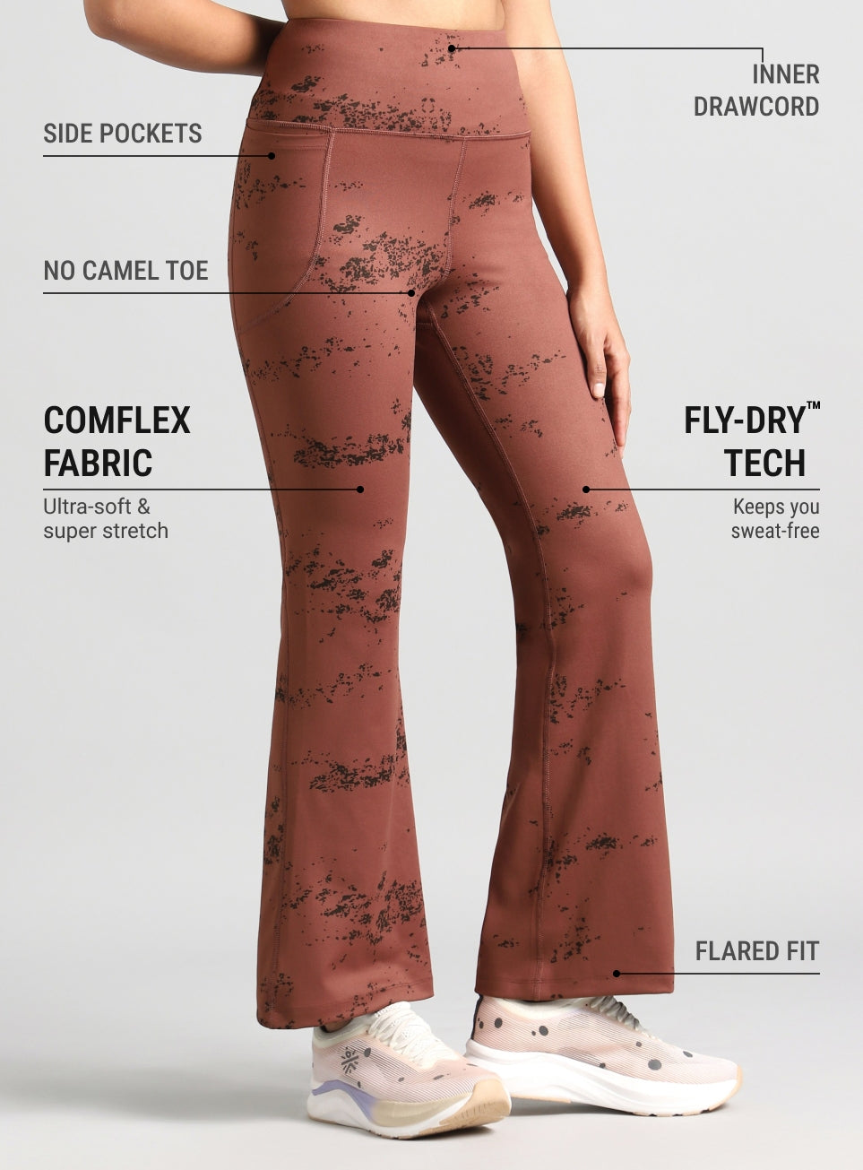 Women's Brown Training Printed COMFlex Flarepants
