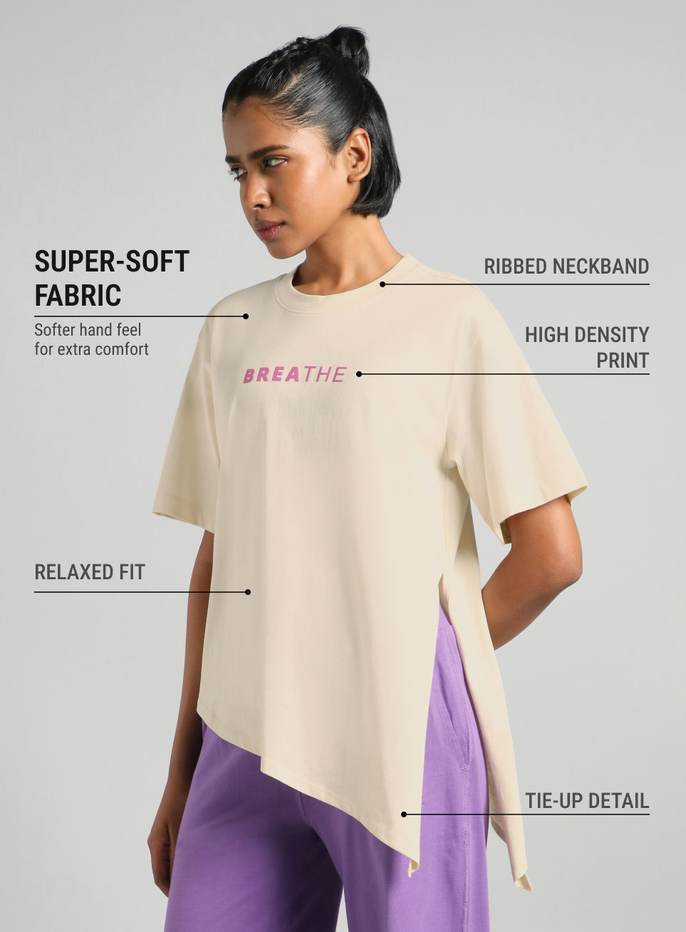 Women's Off White Flow Side Tie Up Relaxed fit T-shirt