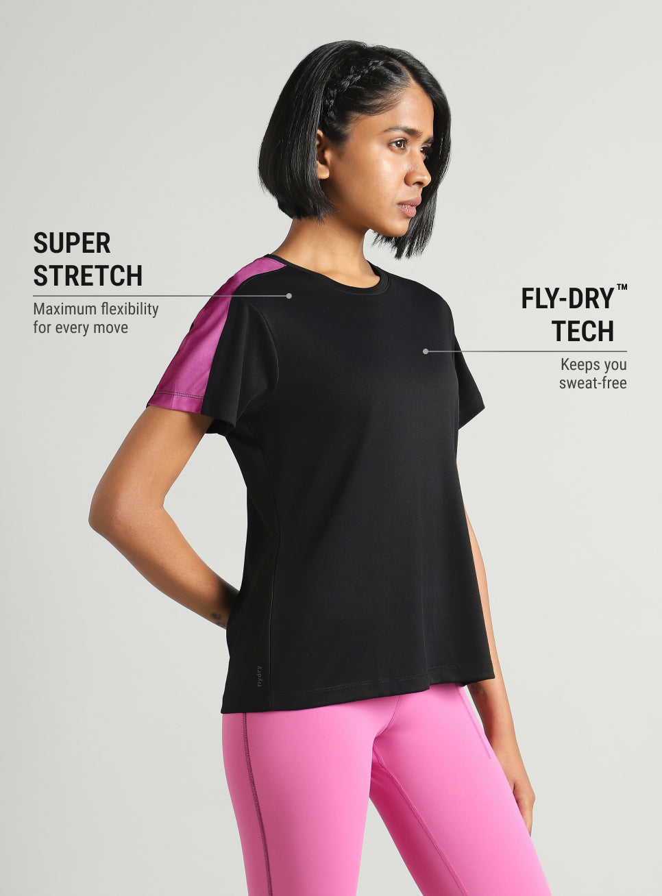 Women's Black Shoulder Pop Active T-shirt