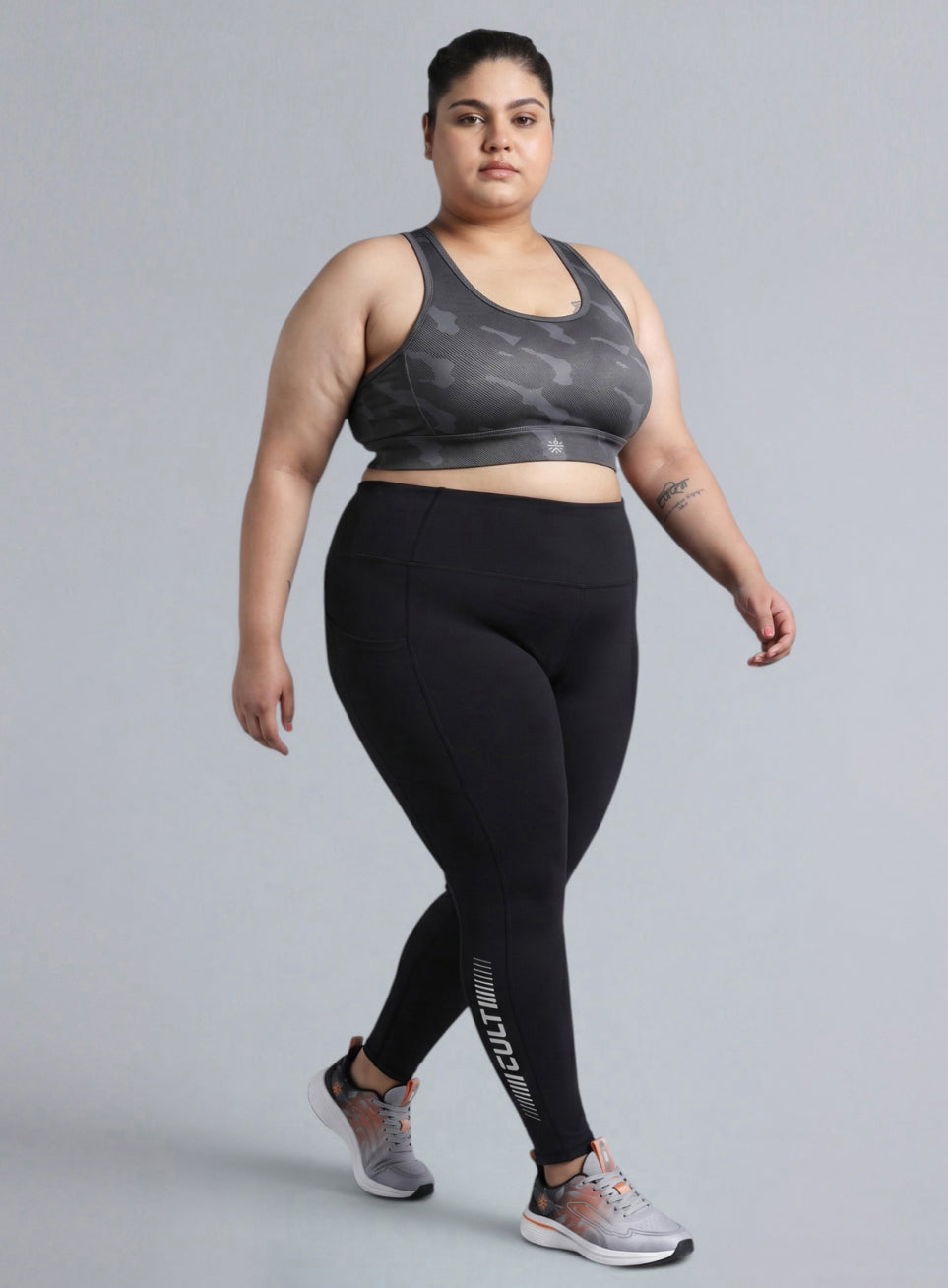 Women's Dark Grey Urban Camo Running High Support Plus Size Bra