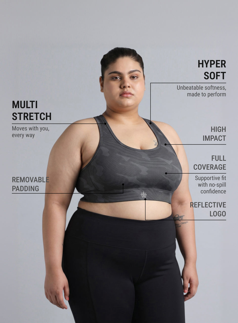 Women's Dark Grey Urban Camo Running High Support Plus Size Bra