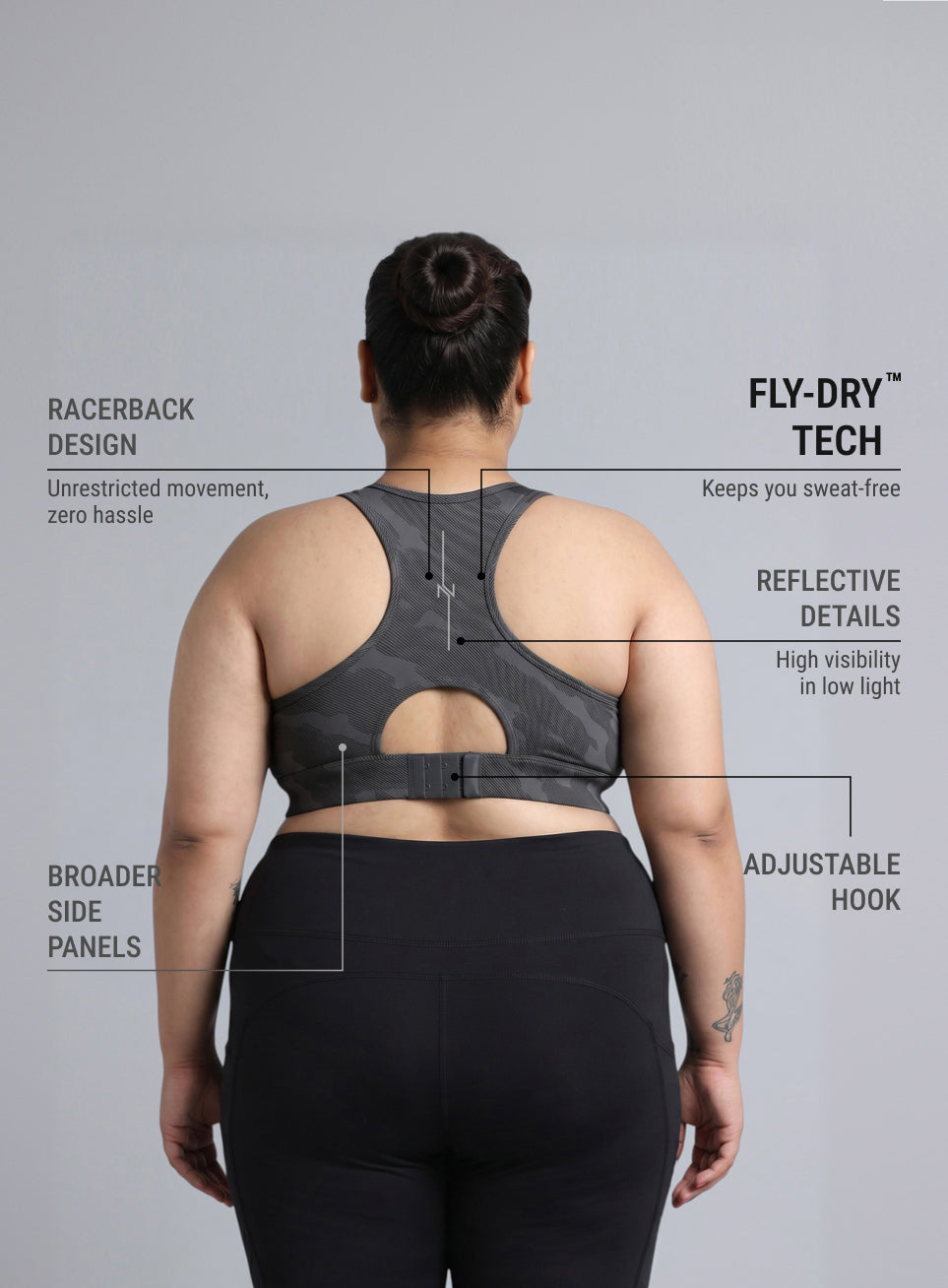 Women's Dark Grey Urban Camo Running High Support Plus Size Bra