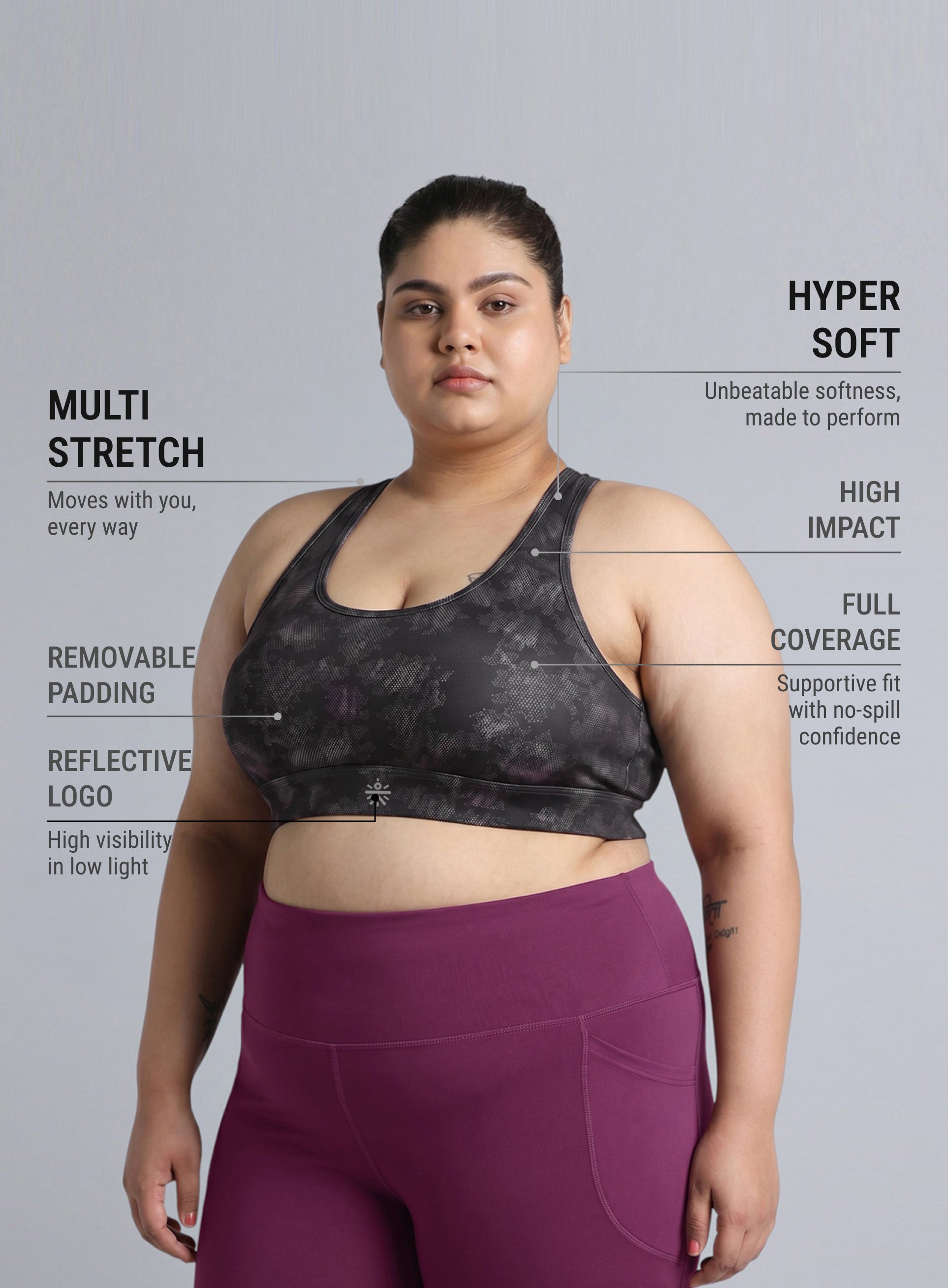 Women's Black Urban Camo Running High Support Plus Size Bra