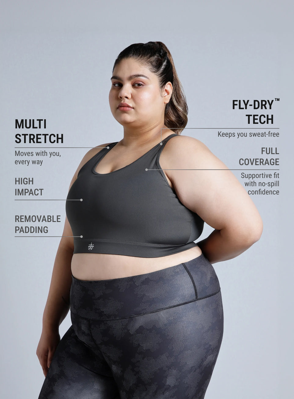 Women's Grey Racerback with Hook High Support Plus Size Sports Bra