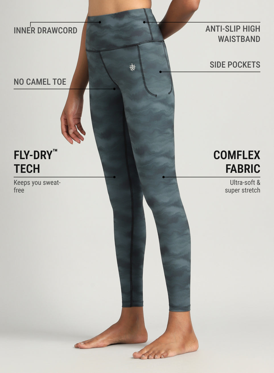 Women's Grey Earthy Texture Printed COMFlex Yoga Tights
