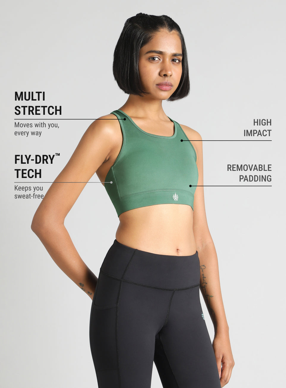 Women's Green Flow Overlap Strap High Support Bra