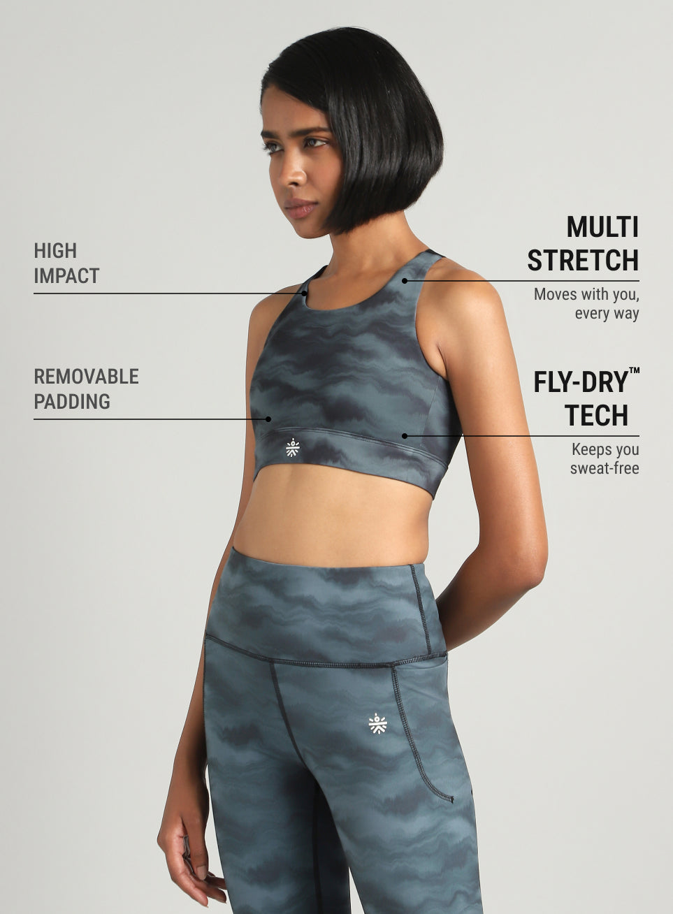 Women's Grey Earthy Texture Printed High Support Sports Bra