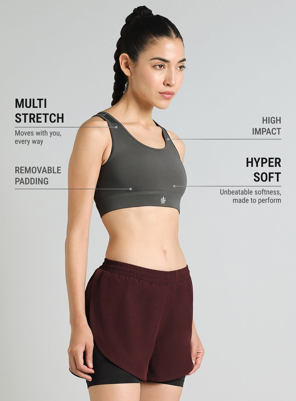 Women's Dark Grey Racer Back with Hook High Support Running Bra
