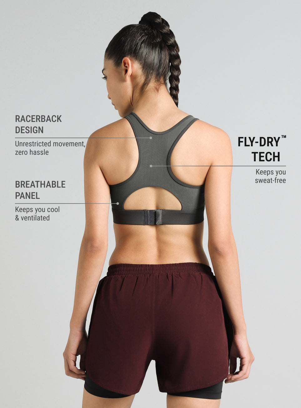 Women's Dark Grey Racer Back with Hook High Support Running Bra