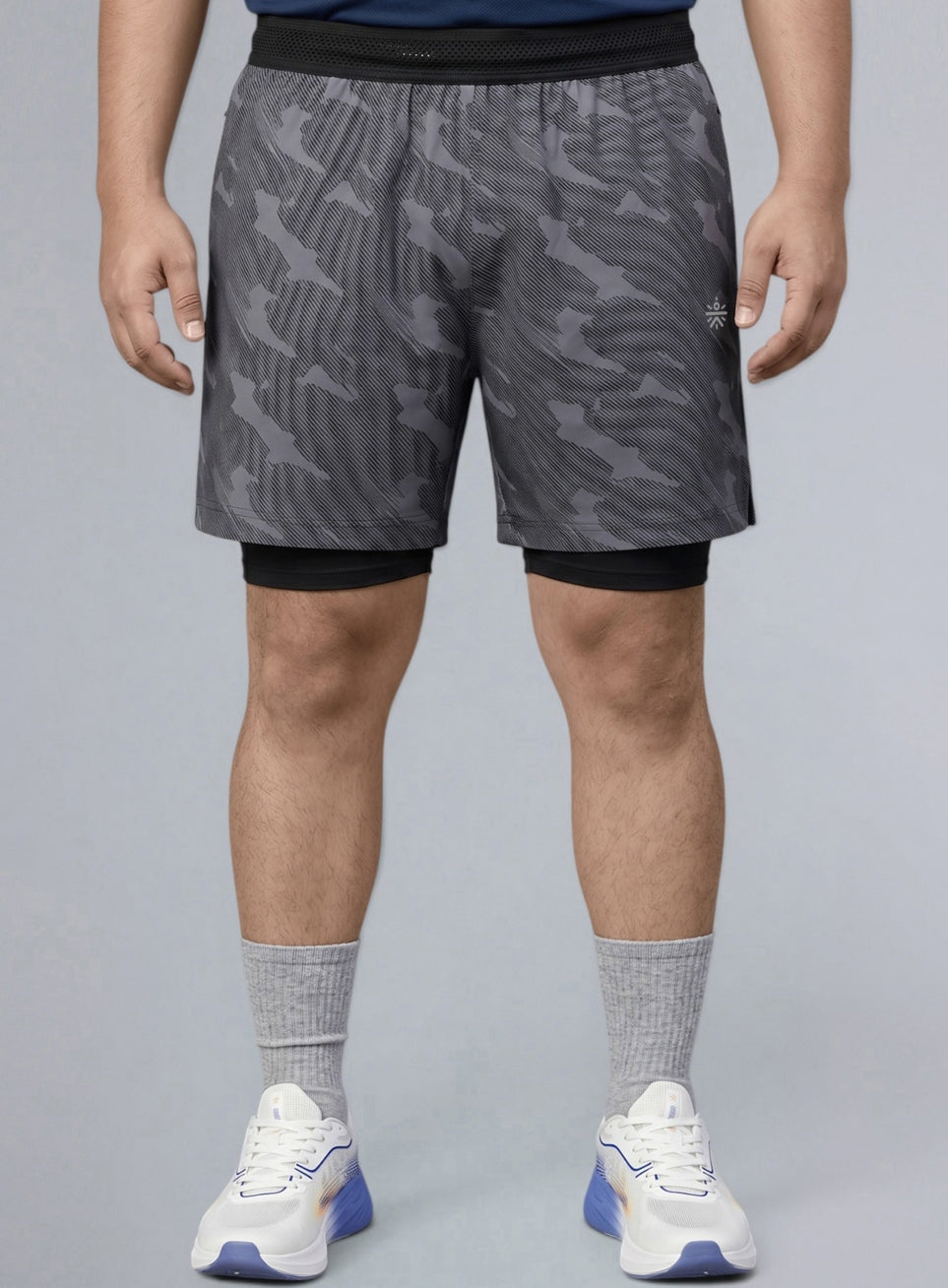 Men's Grey Urban Camo Plus Size Shorts with In-Buit Tights