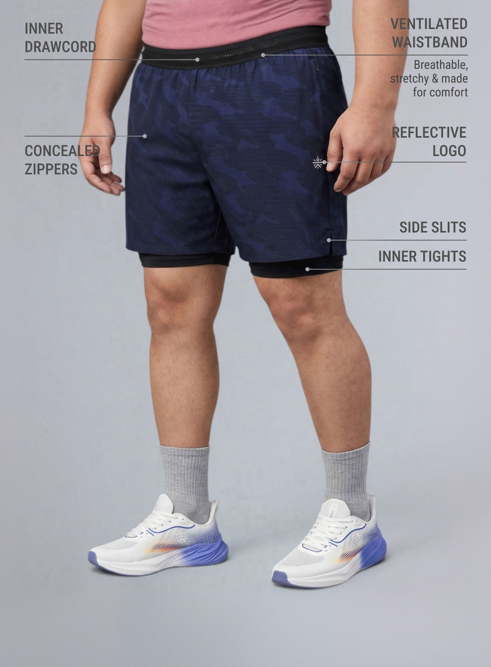 Men's Navy Urban Camo Plus Size Shorts with In-Buit Tights