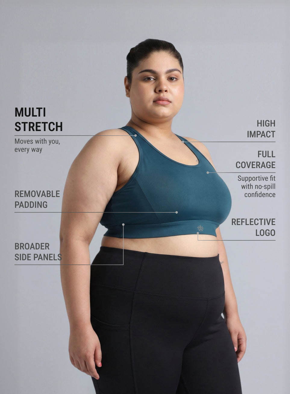 Women's Green Racer Back Hook Running High Support Plus Size Sports Bra