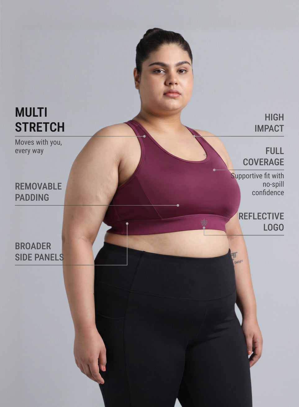 Women's Maroon Racer Back Hook Running High Support Plus Size Sports Bra