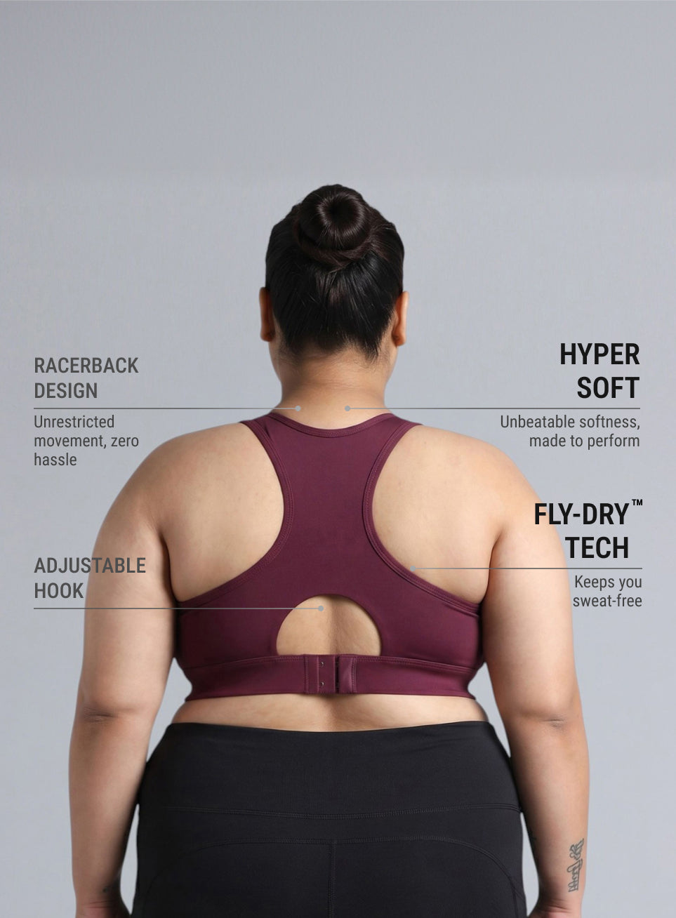 Women's Maroon Racer Back Hook Running High Support Plus Size Sports Bra