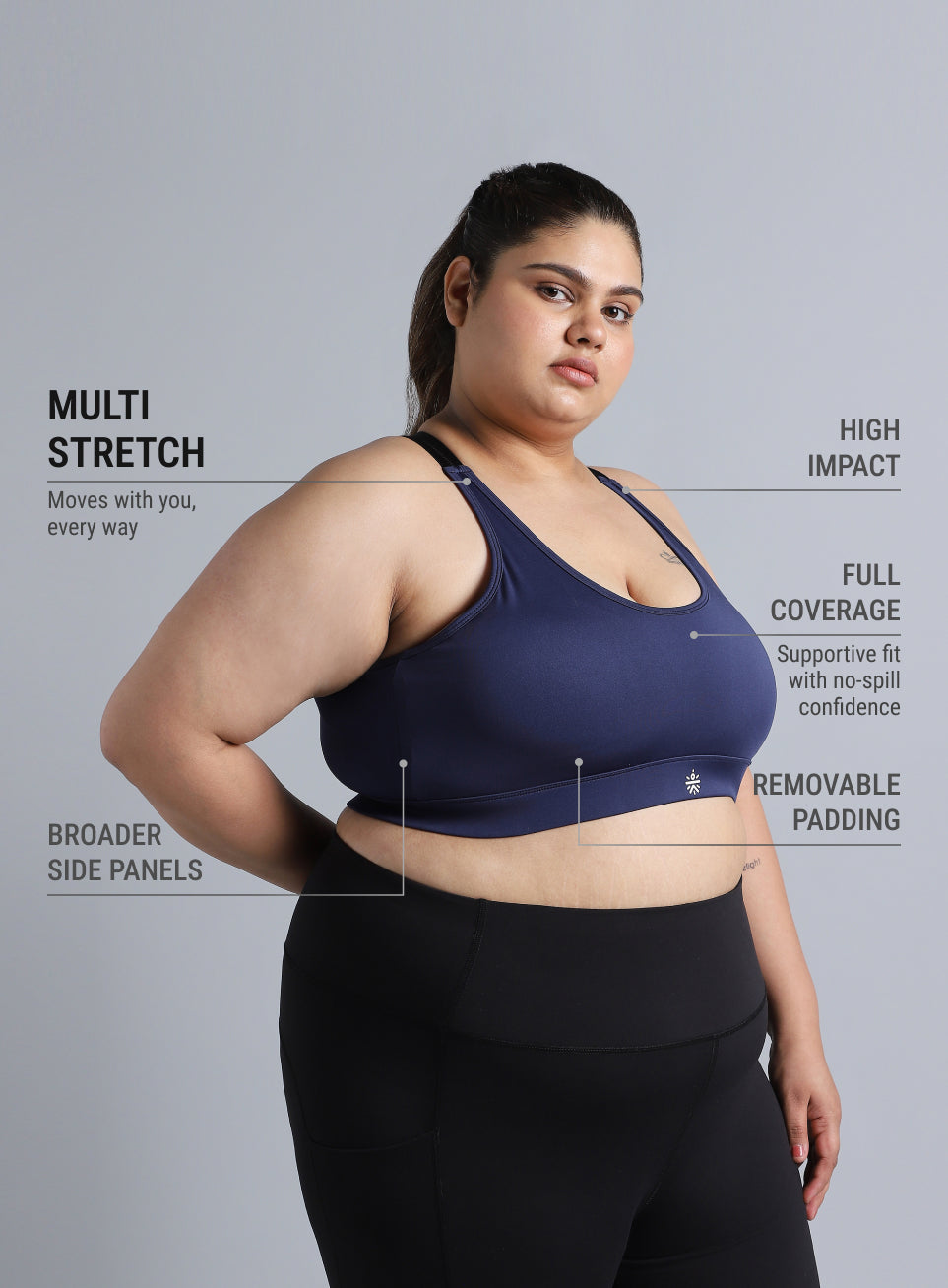 Women's Blue Adjustable Strap Training High Support Plus Size Sports Bra