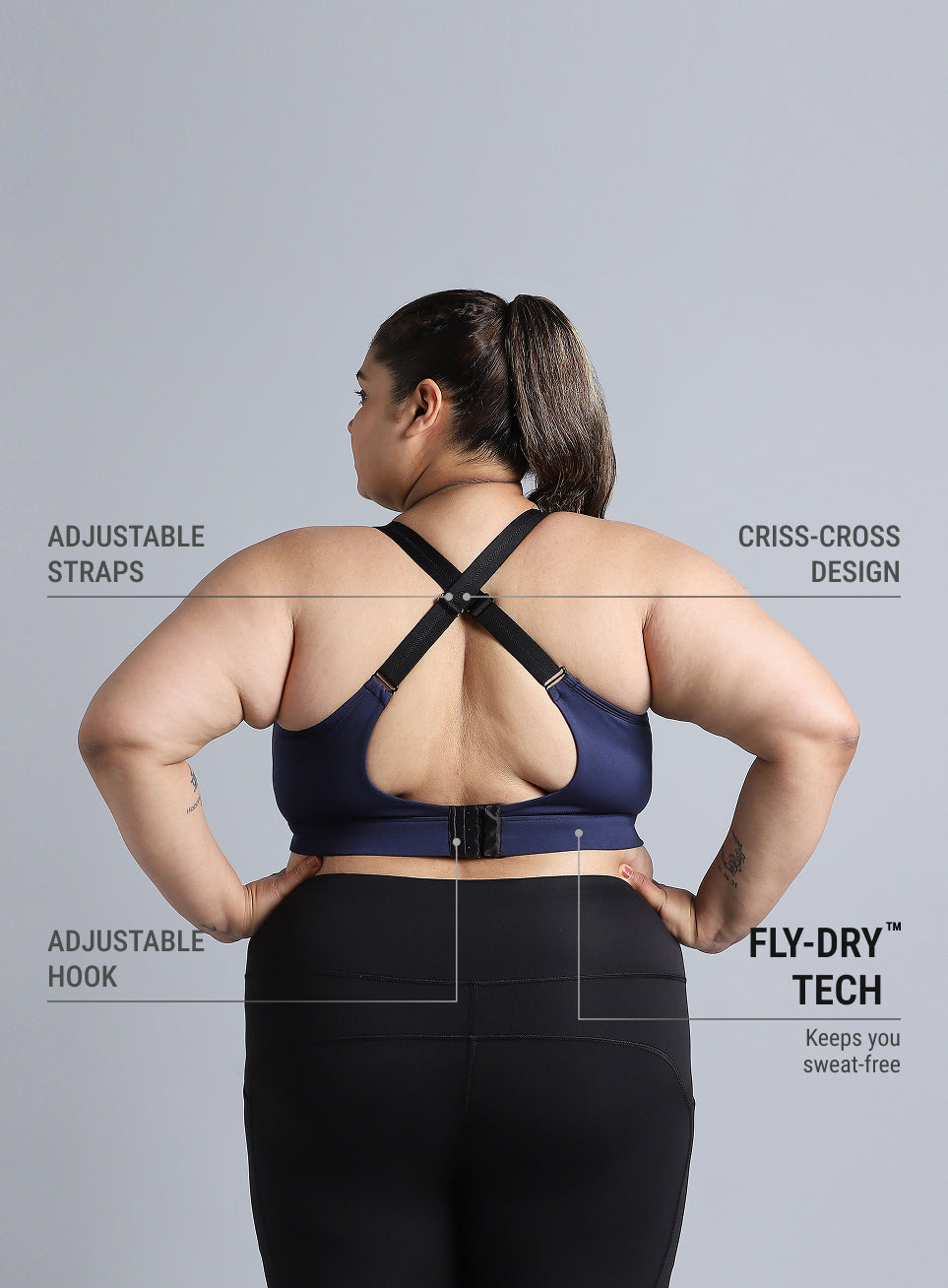 Women's Blue Adjustable Strap Training High Support Plus Size Sports Bra